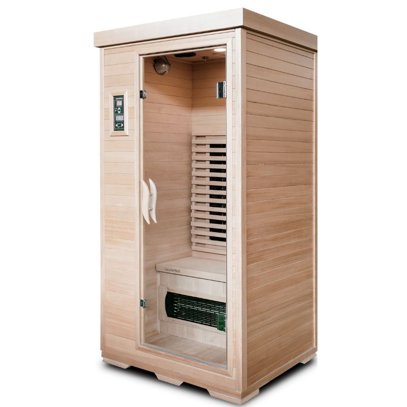 SaunaMed 1 Person Classic Hemlock FAR Infrared Domestic Indoor Sauna - EMR Neutral - 13A Plug & Play
