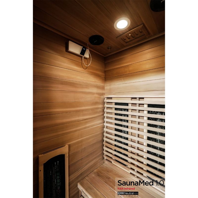 SaunaMed 1 Person Luxury Cedar FAR Infrared Domestic Indoor Sauna - EMR Neutral - 13A Plug & Play