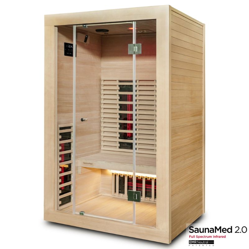 SaunaMed 2 Person Full Spectrum Infrared Hemlock Domestic Indoor Sauna - EMR Neutral - 13A Plug & Play